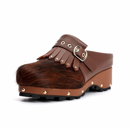 XOBZJH Damen Rindsleder Plateau Clogs - Kalbshaar & Leder Patchwork Pantoletten mit Nieten Fußgewölbeunterstützung Memory Foam Einlegesohle Chunky Western Pantoletten für ganztägigen Komfort