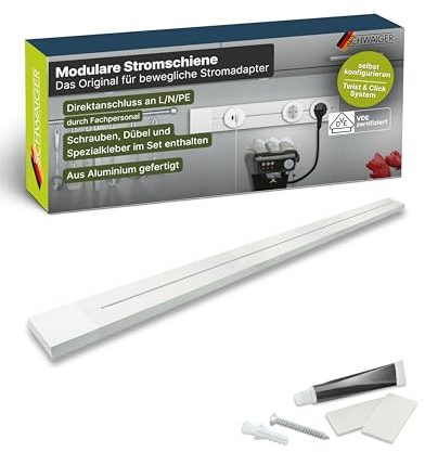 SCHWAIGER Konfigurierbare Steckdosenleiste I 100 cm in Weiß I Stromschiene im Alu-Design für modulare Steckdosen I Individuell einstellbar I VDE geprüft & perfekt für Küche, Büro & Werkstatt
