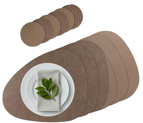 G.schmückt Platzset Kunstleder oval, Wendbares Tischset abwaschbar, Modernes Platzdeckchen, Tischunterlage Nierenform (Taupe, 6 Stück Platzsets + Glasuntersetzer)