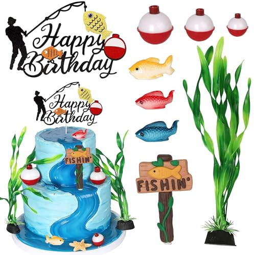 10 Stück Angeln Tortendeko Angeln Gegangen Kuchen Deko Glitzer Fischer Happy Birthday Cake Toppers für Outdoor Thema Geburtstag Ruhestand Party Kuchen Dekorationen