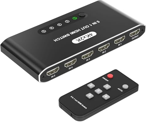 5 in 1 HDMI Switch with Remote 4K, 5 Port HDMI Switcher, HDMI Selector Splitter Box with LED Indicators, Game Switcher Hub with USB Powered for PS5 Xbox Fire Stick Roku TV Monitor