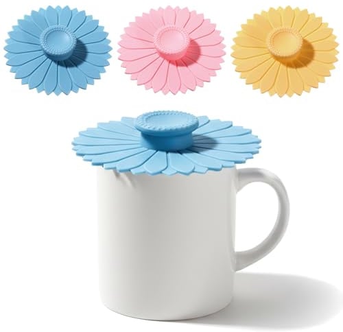 3 PCS Silicone Cup Lids, 10 CM Sunflower Cup Covers for Drink Reusable Anti-dust Mug Covers for Hot Drinks Tea Coffee Beer Wine (3 Colors)