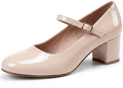 Golden Beads Women’s Elegant Mary Jane Low Mid-Block Heels Pumps Round Toe Cushioned Ankle Strap Court Shoes Work Party Shoes