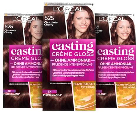 L'Oréal Paris Coloration ohne Ammoniak und ohne Silikone, Pflegende Intensivtönung mit Glanz-Reflex-Balsam, Casting Crème Gloss Haarfarbe, Nr. 525 Chocolate Cherry (Braun), 3 Stück