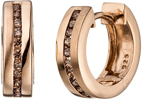 Jobo Damen-Creolen aus 925 Sterling Silber rosegold vergoldet mit 24 braunen Zirkonia