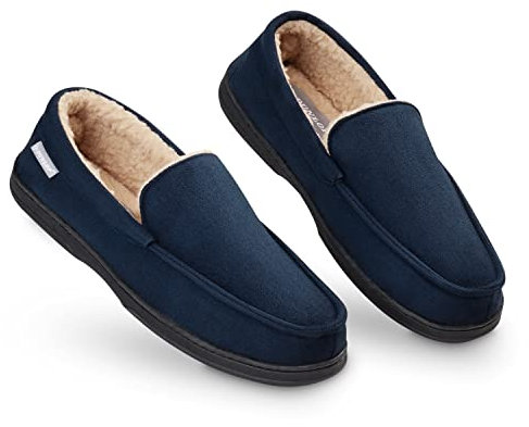 Dunlop Moccasins Slippers Men | Moccasin Loafers Faux Sheepskin Slippers with Rubber Sole | Classic Memory Foam Plush House Slippers | Breathable Indoor Outdoor Shoes | Gifts for Men (11 UK, Navy)