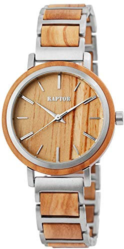 Raptor Damen-Holzuhr Edelstahl Faltschließe Natur Analog Quarz RA10207 (Olivenholz)