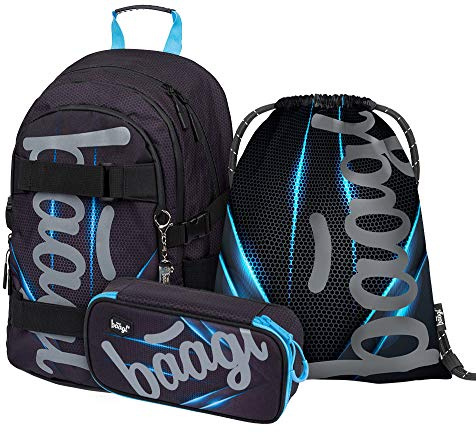 Baagl Schulrucksack Set Jungen 3 Teilig, Schultasche ab 3. Klasse, Grundschule Ranzen für Jungs mit Brustgurt, Ergonomischer Schulranzen (Skate Bluelight)