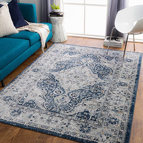 Livabliss Vienna Vintage Teppich groß - Orientalischer Teppich Wohnzimmer 160x220 cm, Esszimmer, Schlafzimmer - Boho Kurzflor Teppiche für einfache Pflege - Grau und Blau