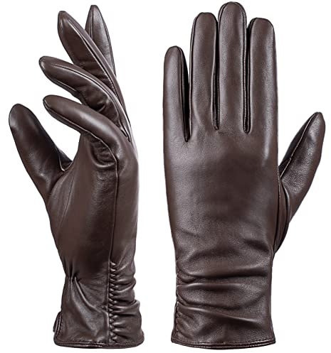 Damen Winter-Lederhandschuhe mit Touchscreen Text, warmes Lammfell, 100% reines echtes Leder (Braun, XL)