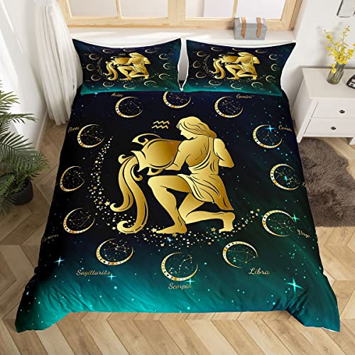 richhome 12 Sternbild Stammes Bettwäsche-Set,Wassermann mit Flasche Bettwäsche Set 135x200cm,Dunkelgrüner Galaxy Starry Betten Set für Kinder Jungen Mädchen Teenager 2St.Reißverschluss Mikrofaser