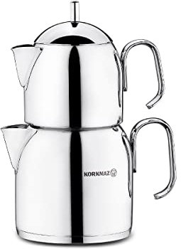 Korkmaz A281 Pera Turkish Teapot Set for Stovetop, 18/10 Stainless Steel Double Tea Maker with Heat Resistant Handles, Samovar Style Tea Kettle with 22 Oz (650ml) & 40.6 Oz (1200ml)