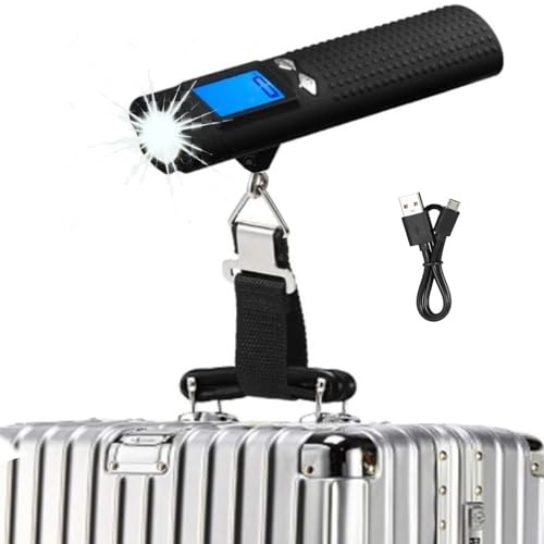 Pèse Bagage Valise Électronique Rechargeable 4 en 1 110Lb/50Kg LCD avec Lampe Torche de Poche, Balance à Bagages Numérique Portable Balance de Voyage, Chargeur Téléphone Couleur Noire