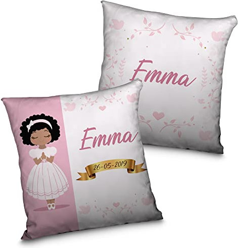 LolaPix Cojín comunión niña. Regalos comunión Personalizados con Nombre y Texto. Cojín Personalizado. Varios diseños. NIÑA Negra
