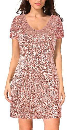 MANER Women's Sequin Glitter Short Sleeve Dress Sexy V Neck Mini Party Club Bodycon Dresses, Rose Gold, M