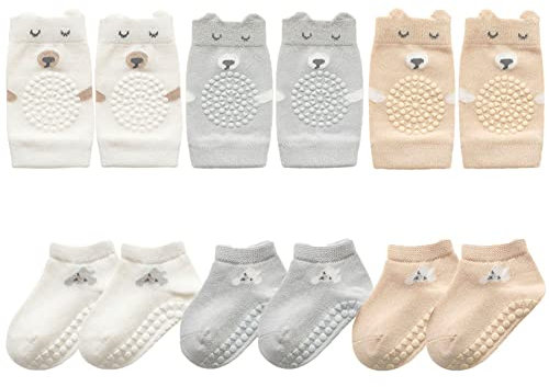 FedMois 3 Pares Rodilleras Bebé Gateo + 3 Pares Calcetines Antideslizantes de Algodón con Motivos de Animales, gris, blanco y beige, 0-9 meses