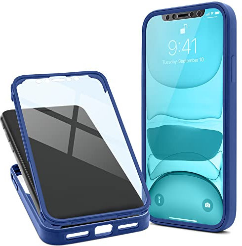 Moozy 360 Case for iPhone 11 - Blue Rim Transparent Case, Full Body Double-sided Protection, Cover with Built-in Screen Protector