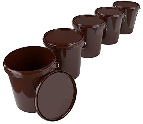 5X Eimer mit Deckel 16 Liter Braun - lebensmittelecht luftdicht und stabil, Leer Eimer mit Griff und Verschluss Deckel für Lebensmittel Chemie Wand Farbe Waschpulver Klebstoffe geeignet
