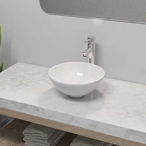 XIAOGUANG Bad-Waschbecken mit Mischbatterie, Aufsatzwaschbecken, Bathroom Sink, Waschtisch, Ablaufgarnitur, Aufsatzbecken, Keramik Rund Weiß