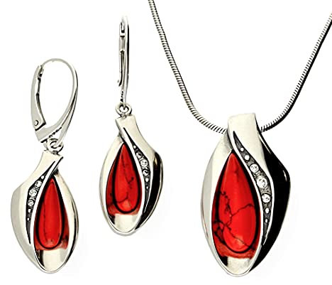 Generisch Echtes 925 Silber SCHMUCKSET mit Koralle, ANHÄNGER + OHRHÄNGER inkl. Schmucketui