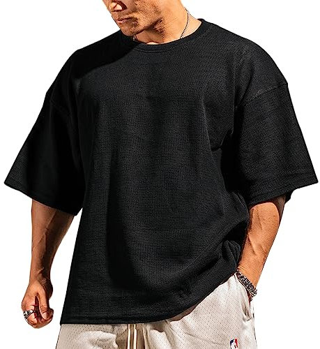 Men's Basic Short Sleeve Waffle Sweatshirt Loose Fit Workout Pullover Crewneck Shirt Black L