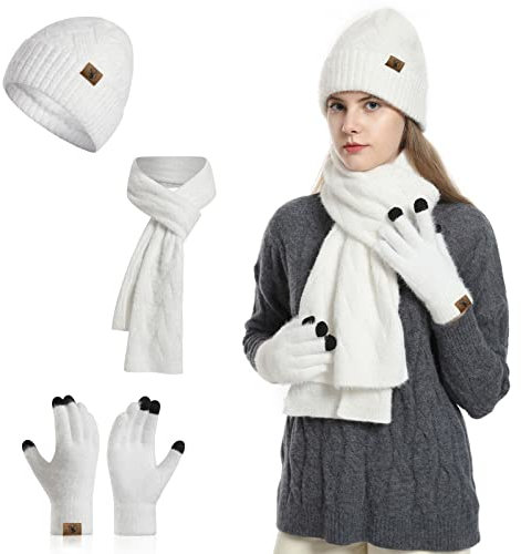 Meajore MüTze Schal Handschuhe Damen Set 3 In 1 Winter Warm Beanie Touchscreen Handschuh Und Lang Schal StrickmüTze Set