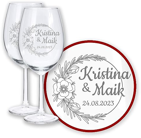 LALALO Weinglas Rosenromantik, graviert mit Namen/Wunschtext, Hochzeitsgläser mit Gravur, personalisiert fürs Brautpaar, Hochzeitsgeschenk zur Hochzeit, Jahrestag, Jubiläum, Verlobung