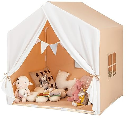 COSTWAY Kinderzelt mit Fenster & Matte & Holzrahmen, Kinder Spielhaus mit Vorhang & bunten Flaggen, Prinzessin Spielzelt für drinnen & draußen, Kinderspielhaus Kinderspielzelt für Jungen und Märchen