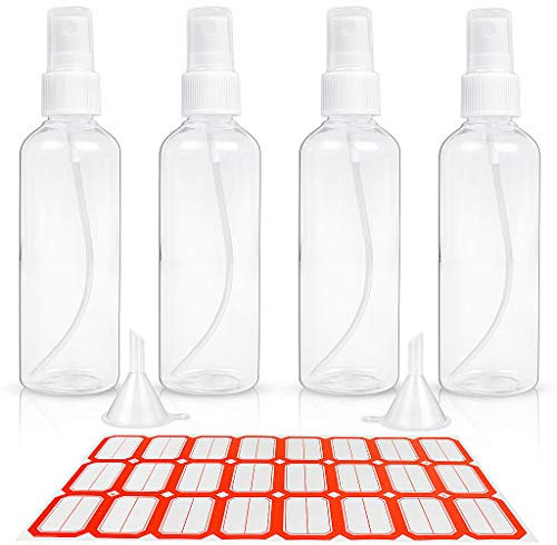 HTHL 4 piezas de 100ML Botellas de spray, Botellas plásticas transparentes de aerosol con 2 Embudos & 1 Etiquetas, Atomizador vacío para viaje, Recipiente líquido rellenado para perfume, cosmético