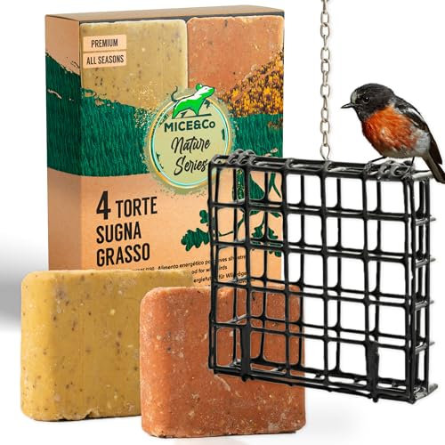 Mice&Co Futterstation für Wildvögel, für den Außenbereich, Energiekuchen, Natürliche Suet Kuchen für Wildvögel Futterspender für Garten | Pack 1 Futterspender und 4 Energiekuchen