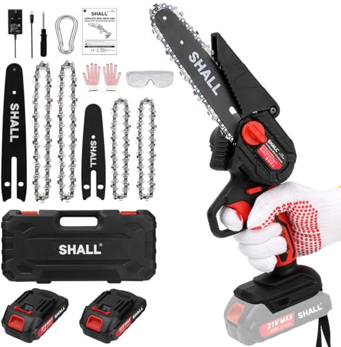 SHALL 21 Volt Portable Mini Chainsaw, 2 Fast Charging Batteries, 4 Chains, Adopt brushless Motor,Cutting Branches, Gardening, Best Choice for Husband, Father, Wood DIY Lovers