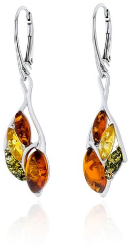 AMBEDORA Damen Silber Ohrringe Sabine mit Bernstein, Polished Sterling Silber, Baltischer Bernstein In Farbe Cognac, Grün, Zitrone