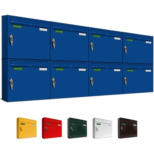 AL Briefkastensysteme Basic 8er Briefkasten RAL 5010 Enzian Blau 8 Fächer DIN A4 wetterfest Briefkastenanlage mit Posthaltebügel und 2 Namensschildern