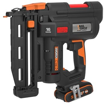 WORX NITRO Kabelloser Nagler 20 V WX841, Ladegerät 100 Stück, Nägel bis 64 mm, 16 Ga, 2 Schussmodi, Entriegelung ohne Werkzeug, verstellbar, Lieferung mit 1 Akku 2 Ah, Schnellladegerät und 200 Nägel