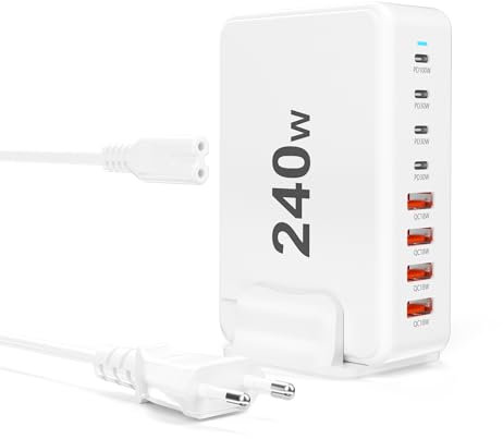 USB C Ladegerät: 240W 8-Port USB Netzteil Adapter Mehrfach Ladegerät mit 4 USB-C und 4 USB-A, Schnellladegerät PD 3.0 Charger Power Netzteil für MacBook, Laptop, iPhone, iPad (Weiß)