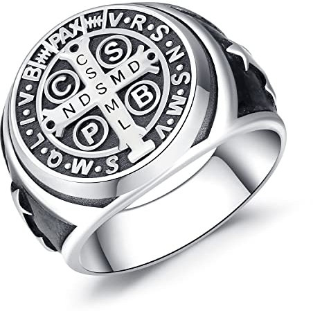 Herren Ring 925 Sterling Silber Saint Benedikt Ring Siegelring Vintage Religiöser Kreuz Fingerring für Männer Damen Schutzpatron Schmuck mit Geschenkebox (62(19.7))