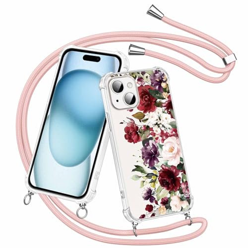 Olgary Coque pour iPhone 15 avec Cordon, Étui de Protection Motif de Fleurs avec Corde Portable Bandouliere Collier Chaîne Réglable, Housse PC Dur Transparente Antichoc Mince Case