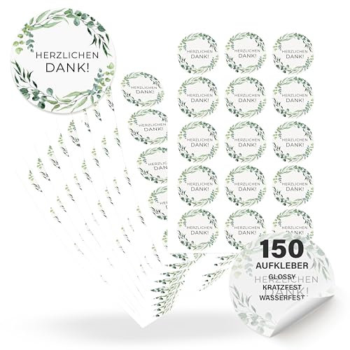 ECCK Danke Aufkleber rund “Herzlichen Dank” (150 Stück) - Dankeschön Sticker für Hochzeit, Geburtstag, Advent, Weihnachten, Wichteln, Lehrerin & Erzieherin – Deko für Karten, Geschenke & Mitgebsel
