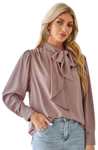 GRACE KARIN Chemisier à manches longues en mousseline de soie pour femme - Col montant - Chemise à volants - Pull on chemisier décontracté - Pour le travail et le bureau, Vieux rose., S