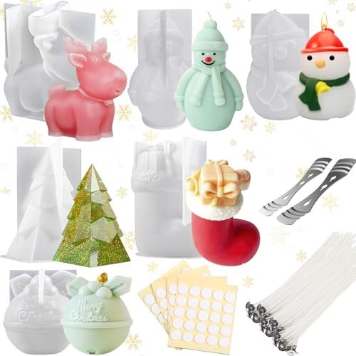 TZEKING 218 Stück Kerzen Silikonformen Weihnachten Set,6PC 3D Weihnachten Kerzenform+200 Wachsdochte+2 Halter+10 Aufkleber,Silikonform Weihnachten Kerzen,Weihnachtsbaum Kerzenform für DIY Duftkerze
