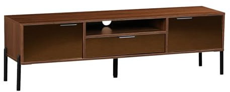 sweeek - Meuble TV Vintage Effet Bois de Noyer. Finition vitre fumée. Pieds et poignées en métal. L 151.5 x 38 x 44.7cm