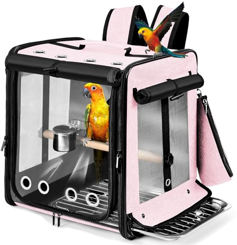Suertree Porte-oiseaux avec ceinture de sécurité pour voyage en voiture, sac à dos avec maille en acier inoxydable indestructible, grande cage de transport d'oiseaux, rose