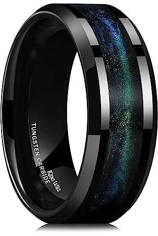 King Will Ehering aus Wolframkarbid für Männer – 8 mm schwarzer, hochglanzpolierter Ehering mit blau-grünem Sand-Inlay für den Alltag, bequemer Sitz für Herren, Größe 54–70 (17–22)
