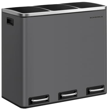 SONGMICS Kitchen Bin, 3 x 18 L Recycling Bin, 3 Compartment Rubbish Bin for Recycling and Waste, 15 Liners Included, Soft-Close Lids, Pedals, Inner Buckets, Steel, Matte Grey LTB054G01