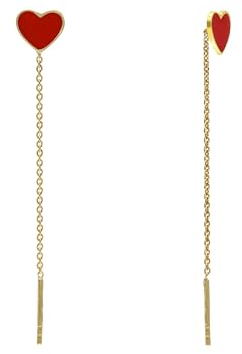 Aka Gioielli® - Boucles d’Oreilles Pendantes Chaînette avec Cœur Rouge en Argent 925 Plaqué Or 18K, Boucles d’Oreilles Longue Femme et Fille