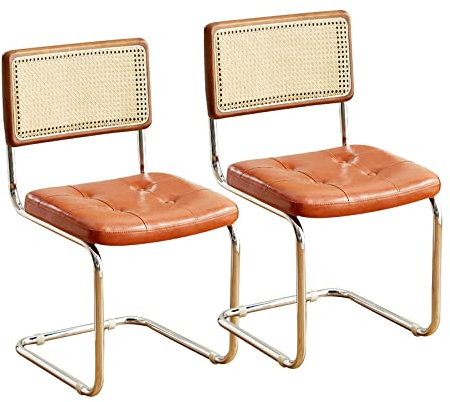 Mid Century Moderne Rattan-Esszimmerstühle Set mit 2 bequemen Lederstühlen mit Rückenlehne und Metallbeinen, ideal für Küche, Esszimmer und Schreibtisch, Braun (T x B x H): 60 x 41 x 87 cm