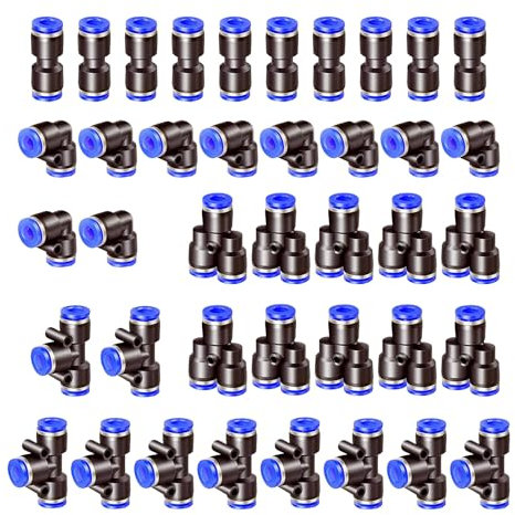 HAXIHA 40 Pezzi Connettore Pneumatico 5/16OD Raccordi a Pressione Kit Raccordi Pneumatici, OD 8mm Raccordi Rapidi Aria Compressa 10 Gomiti /10 Rettilinei /10 Divisori/10 Tee Blu
