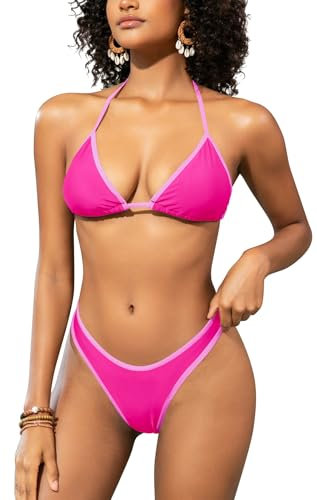 SHEKINI Femmes Halter Triangle Bikini Set V - Cut Taille Haute Maillot de Bain String Maillot de Bain brésilien(S,Rose Fluorescent)