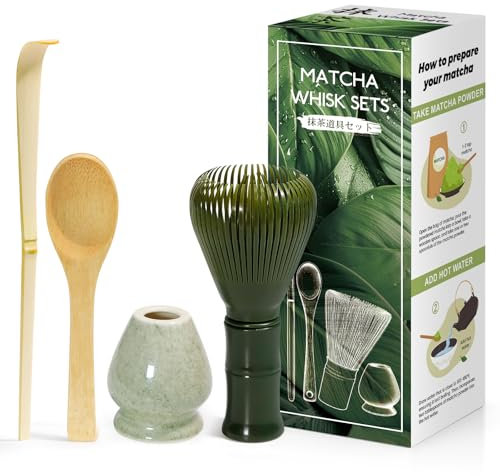 Kit da Cerimonia giapponese Matcha 4 Pezzi, Frusta Matcha Verde in Resinoso, Cucchiaio in Bambù, Paletta in Bambù, Porta Frullino, Matcha Set per la bevanda - Verde Matcha