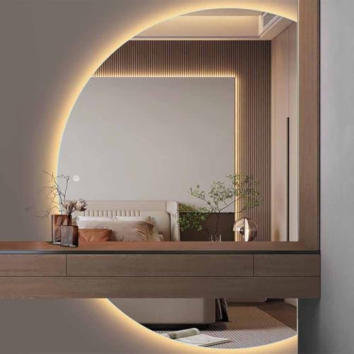 Decmiroor 3 Lichtfarbe Groß Halbrunder Badspiegel 120/130cm Rahmenlos Wandspiegel mit Beleuchtung Dimmbar, LED Antibeschlag Spiegel mit Touch-Schalter Wandmontage Halbmond Ganzkörperspiegel(Cut right,